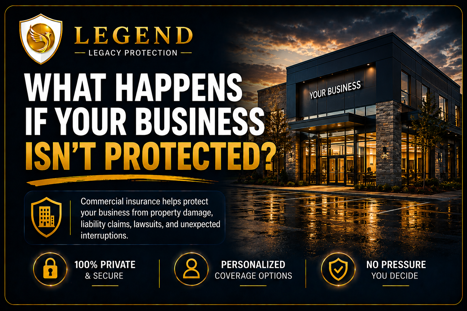 Legend commercial insurance review creative asking what happens if your business is not protected.