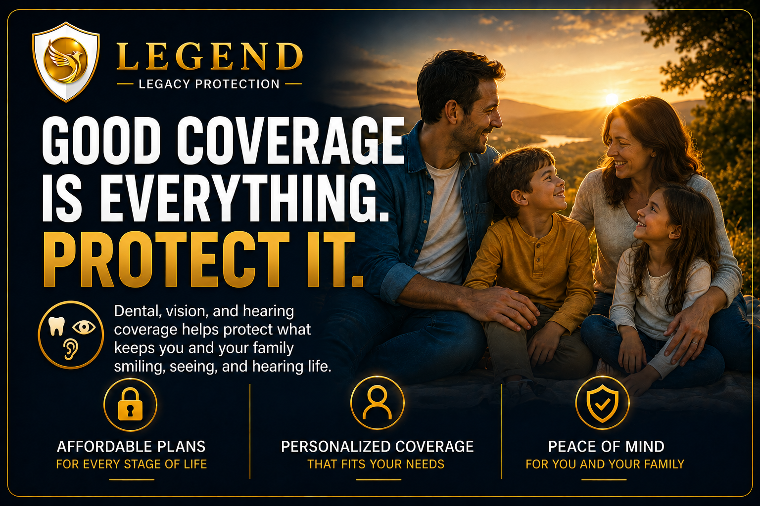 Legend dental, vision, and hearing review creative inviting a quick dental, vision, and hearing coverage review.