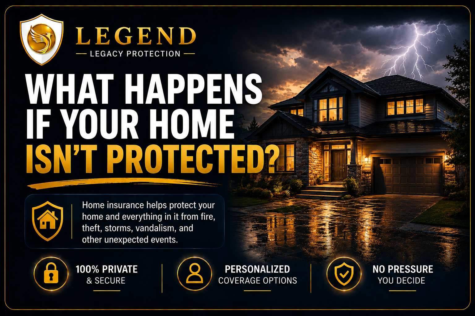 Legend home insurance review creative asking what happens if your home is not protected.