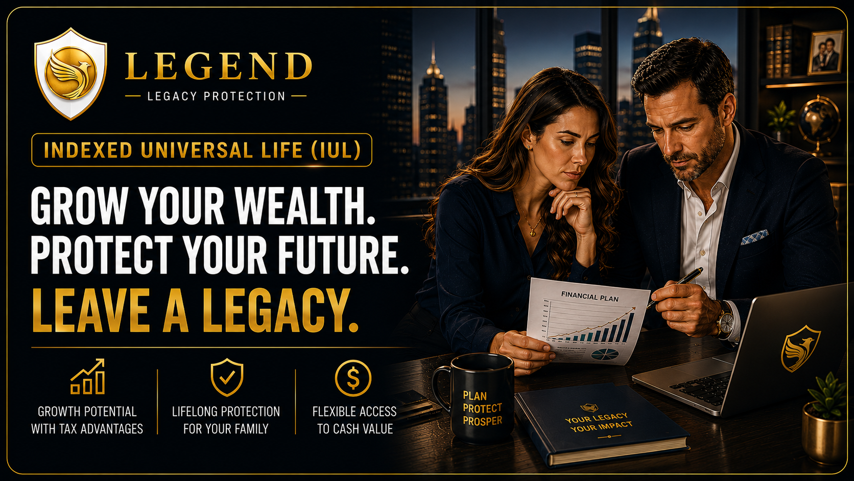 Legend Legacy Protection indexed universal life banner about flexible long-term protection, future planning, and legacy support.