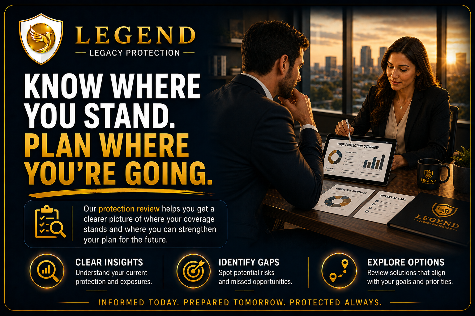 Legend risk assessment banner encouraging clients to understand where their protection stands and plan for where they are going.