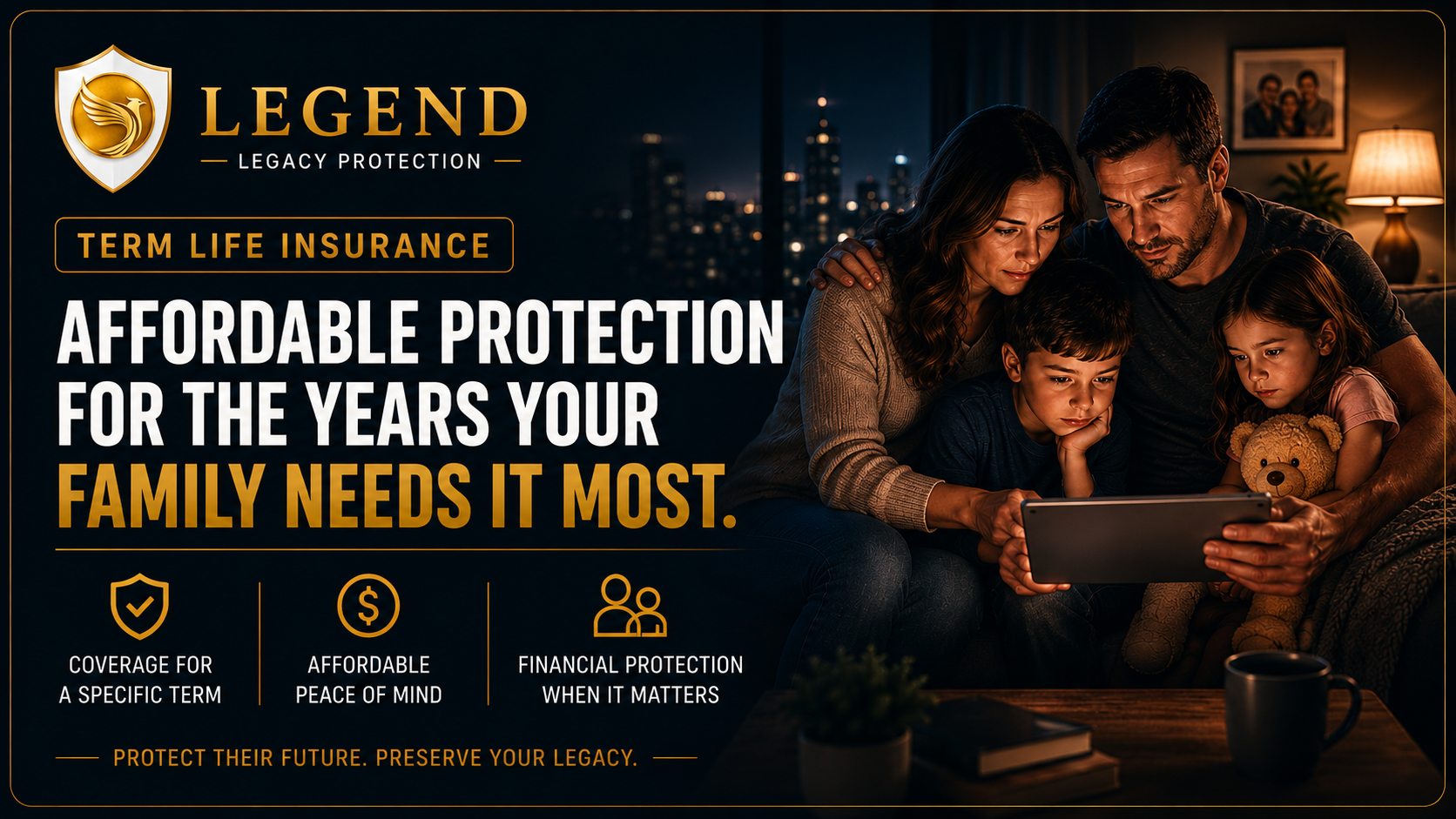 Legend Legacy Protection term life insurance banner about affordable protection for the years your family needs it most.
