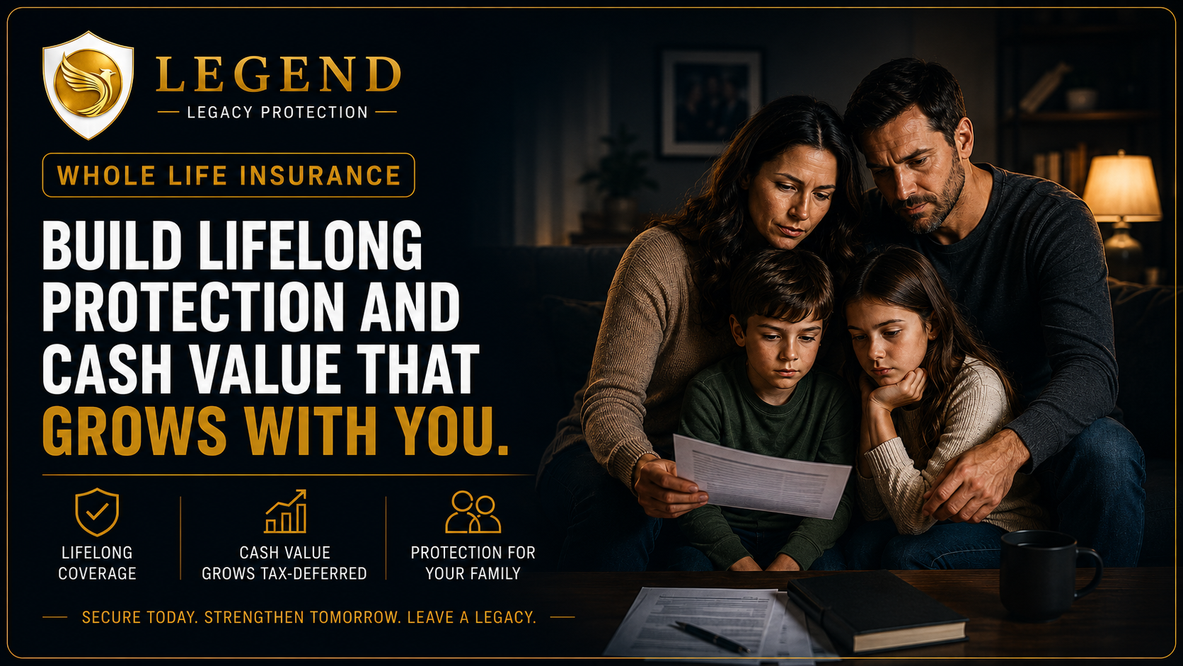 Legend Legacy Protection whole life insurance banner about lifelong protection that stays with you and the people you love.